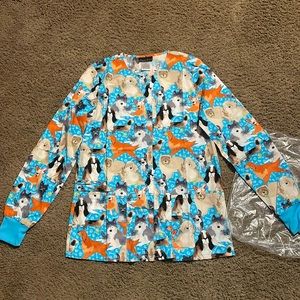 NWTs Ladies Cherokee Modern Classic style CK301 dog print scrub snap jacket Sz S